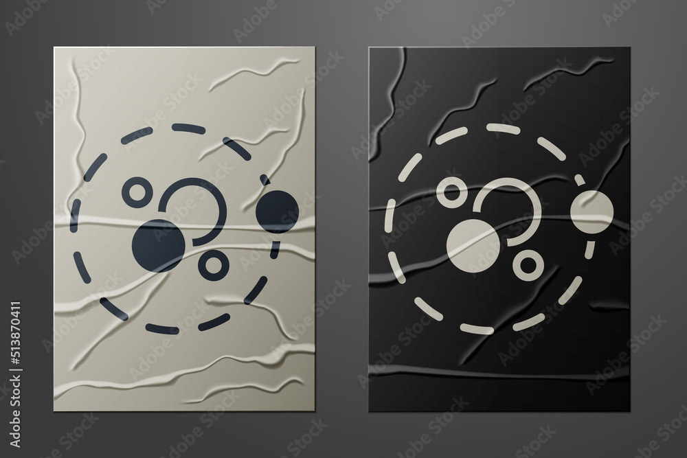 White Atom icon isolated on crumpled paper background. Symbol of science, education, nuclear physics