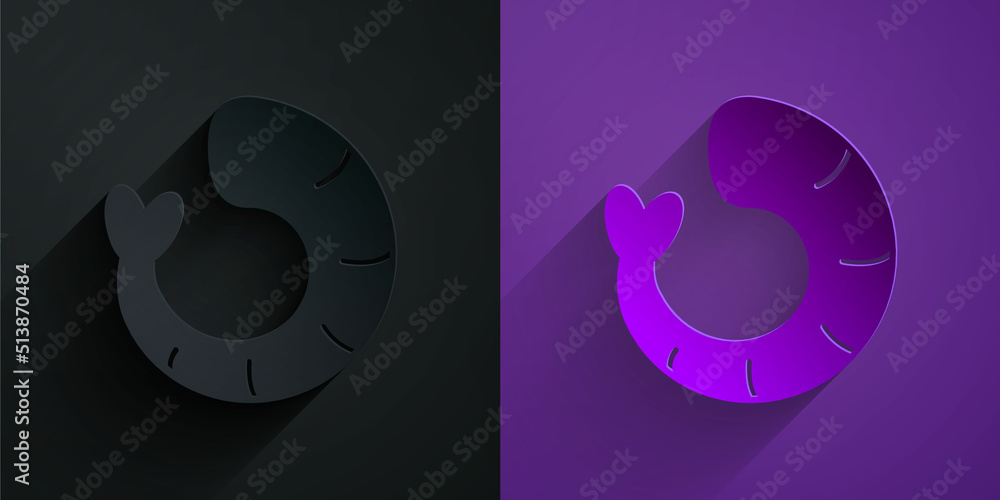 Paper cut Shrimp icon isolated on black on purple background. Paper art style. Vector