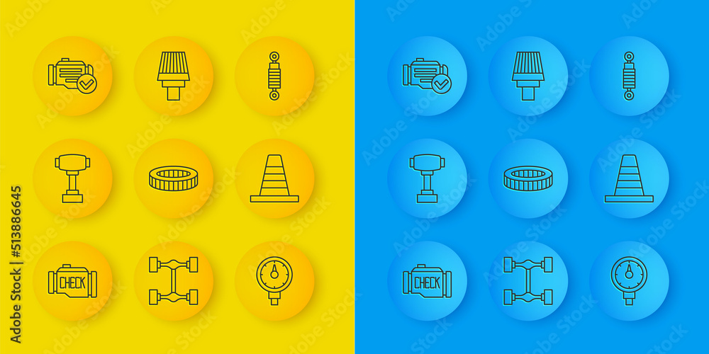 Set line Check engine, Gear shifter, Car air filter, Tire pressure gauge, Traffic cone, Shock absorb