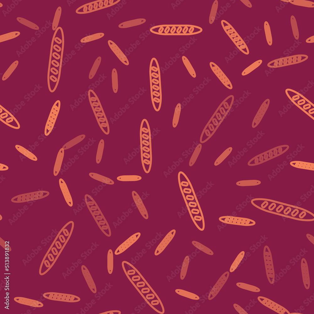 Brown line French baguette bread icon isolated seamless pattern on red background. Vector