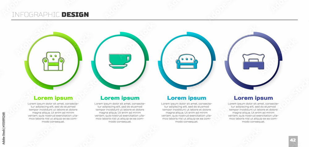 套装扶手椅、咖啡杯、沙发和卧室。商业信息图模板。矢量