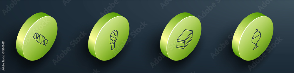 Set Isometric line Candy, Ice cream, Brownie chocolate cake and in bowl icon. Vector