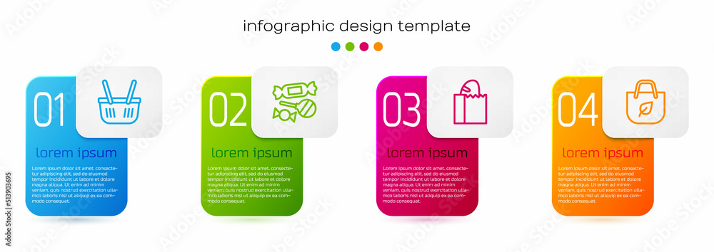 Set line Shopping basket, Candy, Paper bag with bread loaf and recycle. Business infographic templat