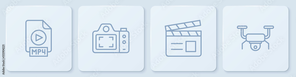 设置行MP4文件文档、电影拍板、照相/摄像机和无人机飞行。白色方形按钮。Vecto