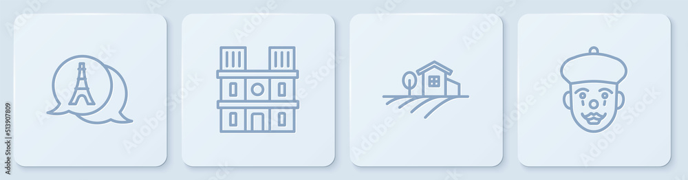 埃菲尔铁塔、乡村景观、巴黎圣母院和法国哑剧。白色方形按钮。