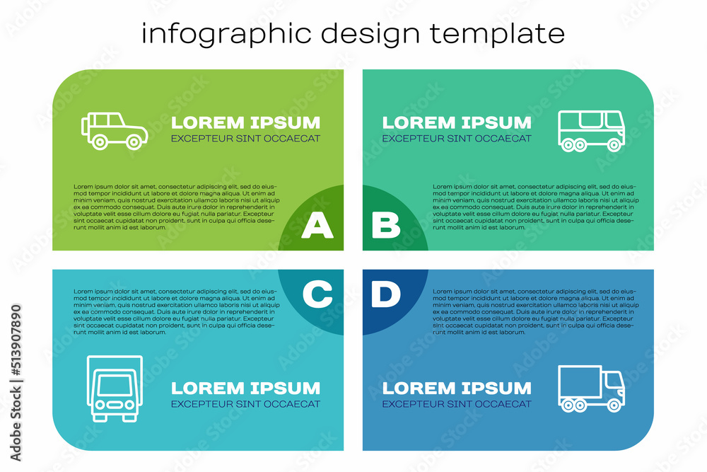 Set line Delivery cargo truck，Off-road，and Bus.Business infographic template.Vvector（设线送货卡车、越野车和公交车。