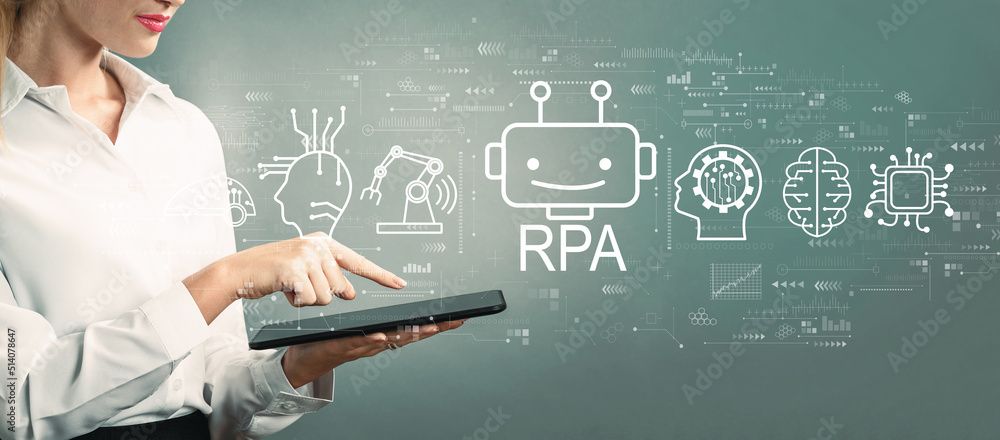 Robotic Process Automation RPA theme with business woman using a tablet computer