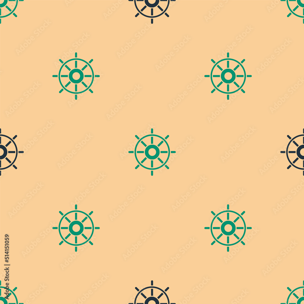 Green and black Ship steering wheel icon isolated seamless pattern on beige background. Vector Illus