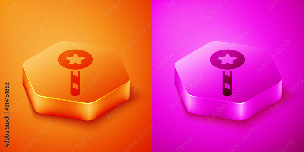 Isometric Magic wand icon isolated on orange and pink background. Star shape magic accessory. Magica