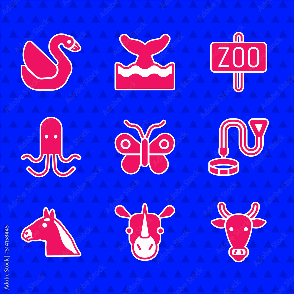 Set Butterfly, Rhinoceros, Cow head, Collar with name tag, Horse, Octopus, Zoo park and Swan bird ic