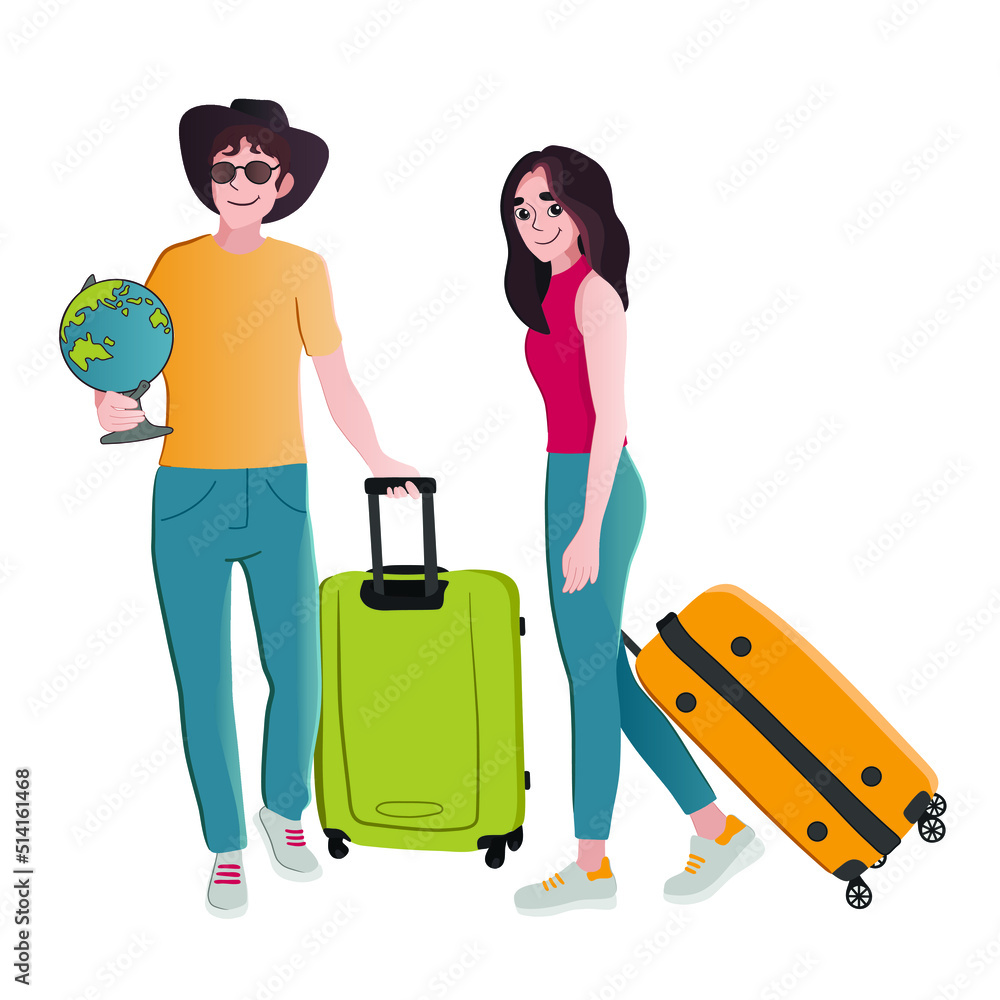 Tourists with luggage and globe on white background