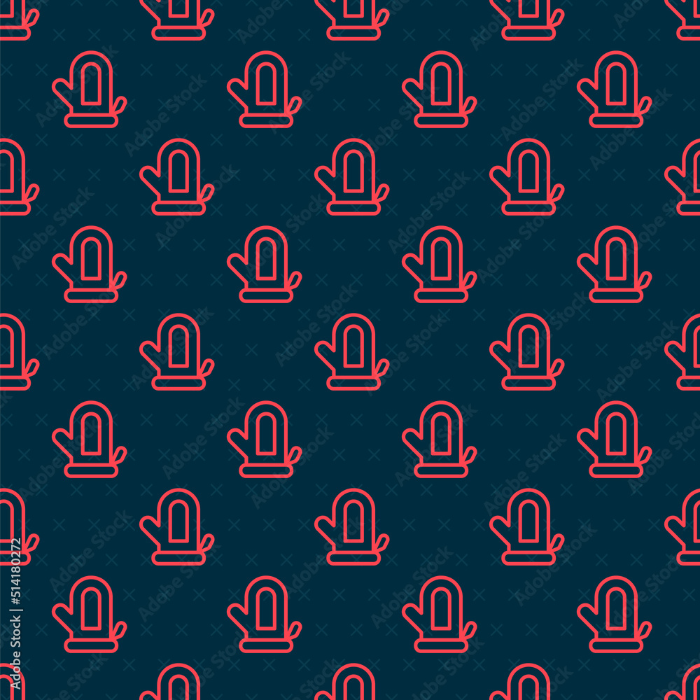 Red line Sauna mitten icon isolated seamless pattern on black background. Mitten for spa. Vector