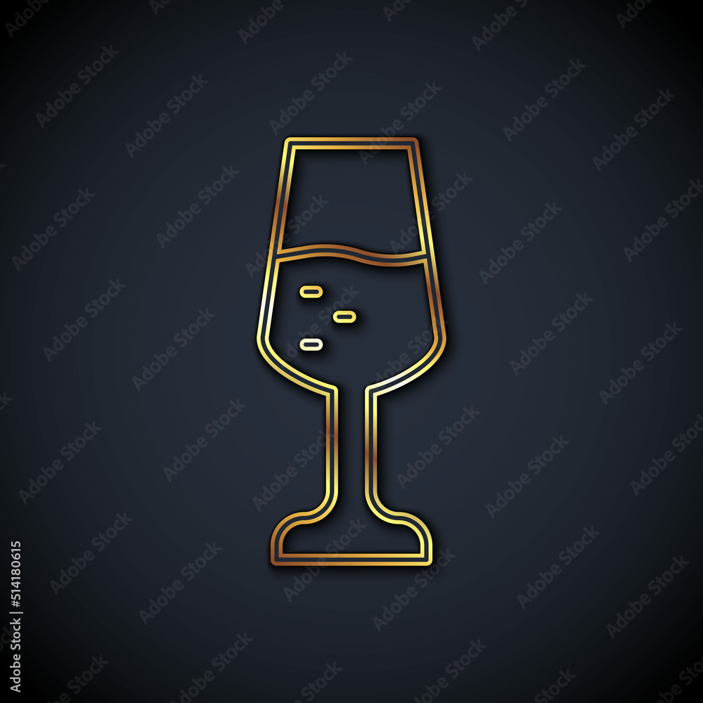 Gold line Glass of champagne icon isolated on black background. Happy Valentines day. Vector