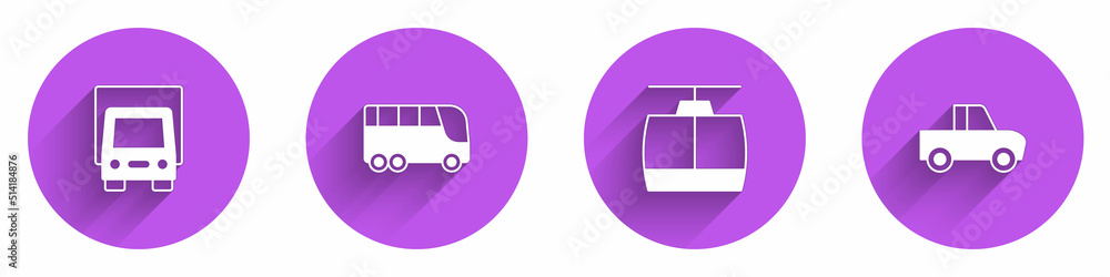 Set Delivery cargo truck, Bus, Cable and Pickup icon with long shadow. Vector