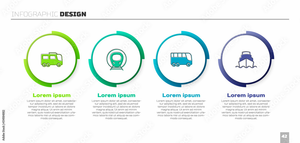 设置公共汽车、火车和铁路以及游轮。商业信息图模板。矢量