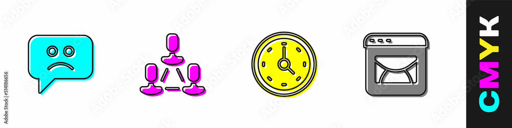 Set Sad smile, Employee hierarchy, Clock and Mail and e-mail icon. Vector