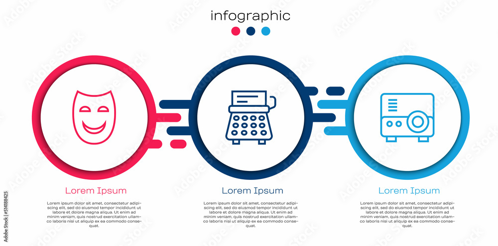 布景线喜剧剧场面具、复古打字机和媒体投影仪。商业信息图模板