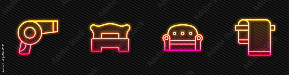 Set line Sofa, Hair dryer, Bedroom and Towel on hanger. Glowing neon icon. Vector