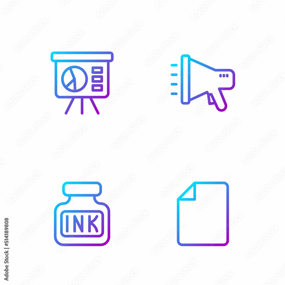 Set line File document，Inkwell，Board with graph and Megaphone。Gradient color icons.Vector（设置行文件文档、墨水