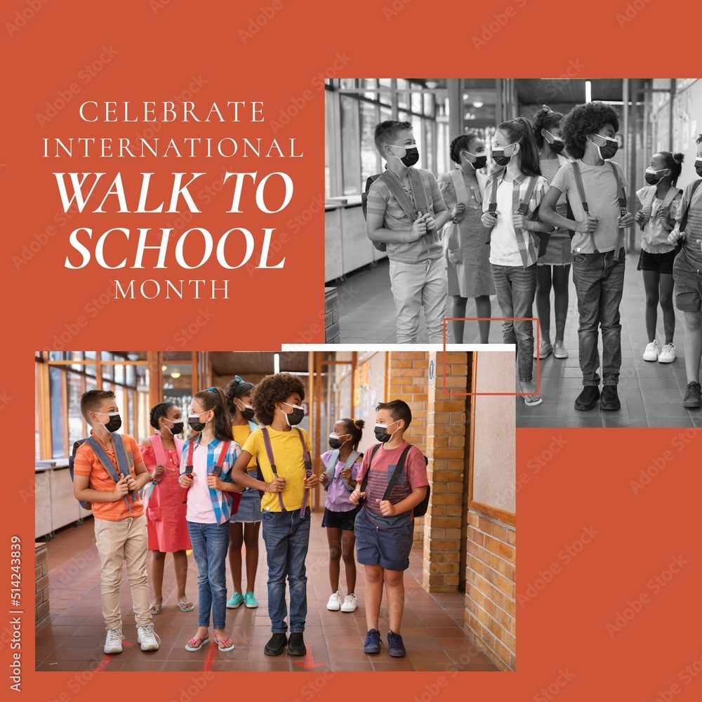 Multiracial students with masks talking in corridor and celebrate international walk to school month