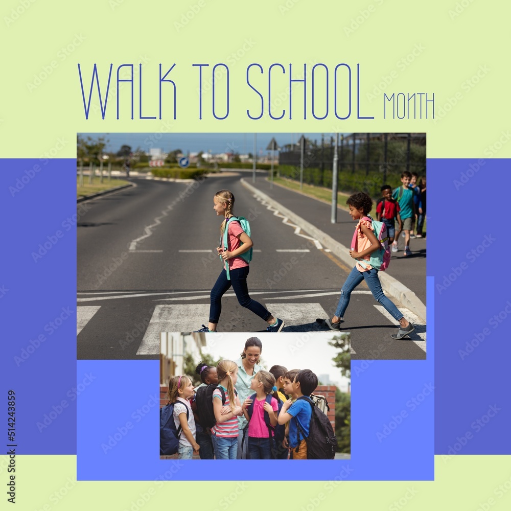 Collage of multiracial children with teacher and students crossing road with walk to school month