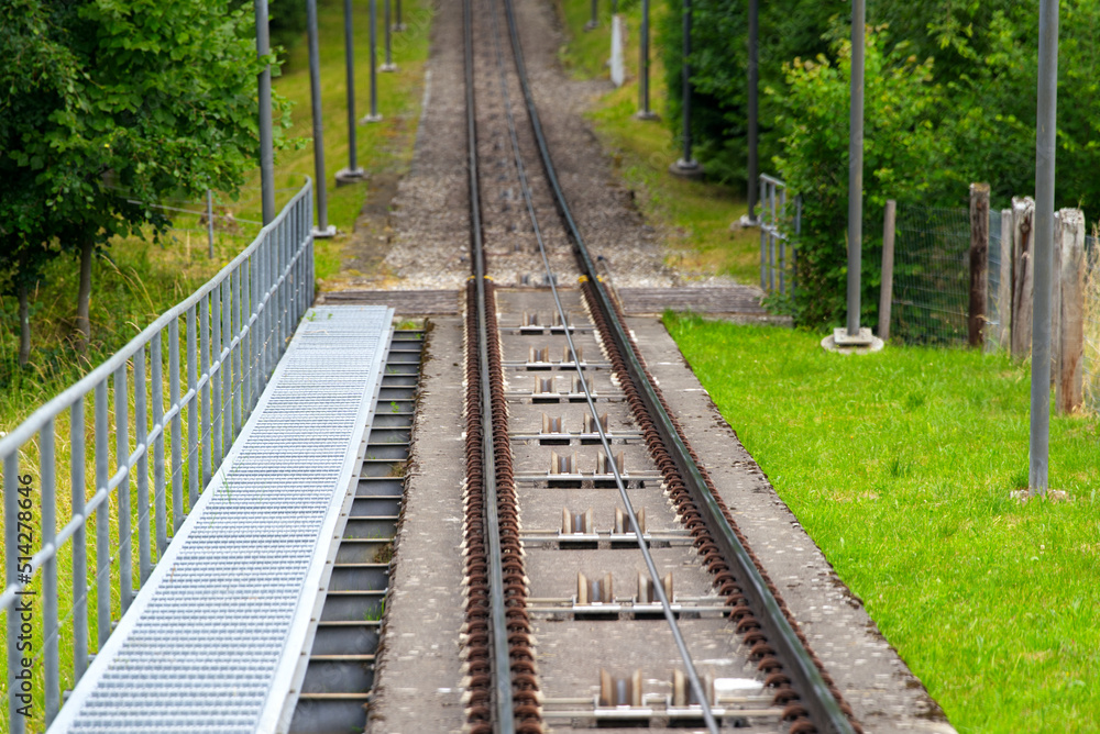 Railway track of Gurten cable car with cable wheels on a sunny sumner day Photo taken June 16th, 202