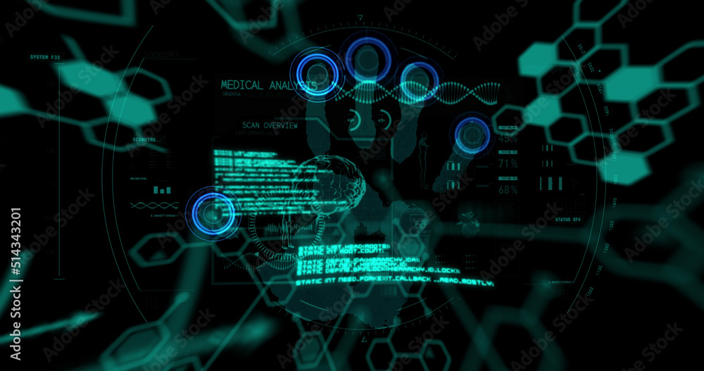 Image of chemical formulas and data processing over fingerprints on black background