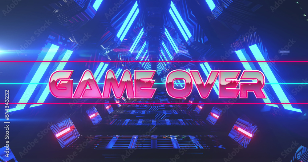 Image of game over text over moving digital tunnel