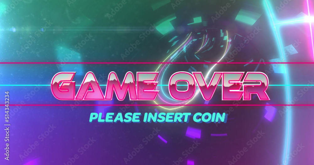 Image of game over text over moving digital tunnel