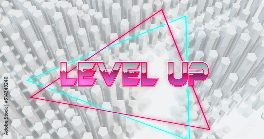 Image of level up text over white 3d geometrical moving shapes