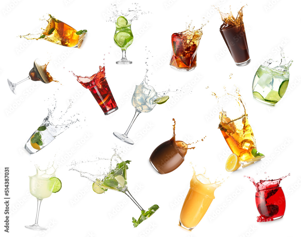 Set of different drinks with splashes isolated on white