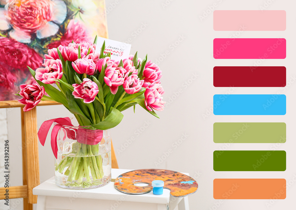 Bouquet of tulips with greeting card and paint palette on stool. Different color patterns