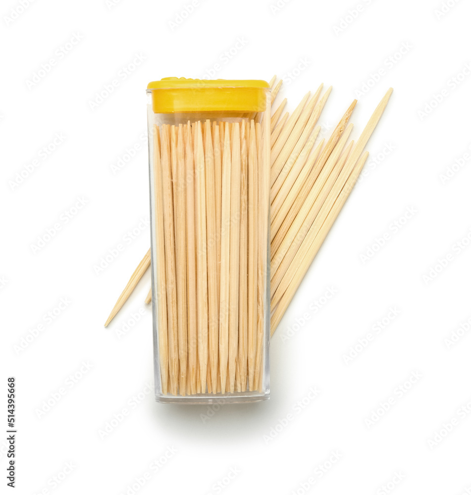 Box with toothpicks on white background