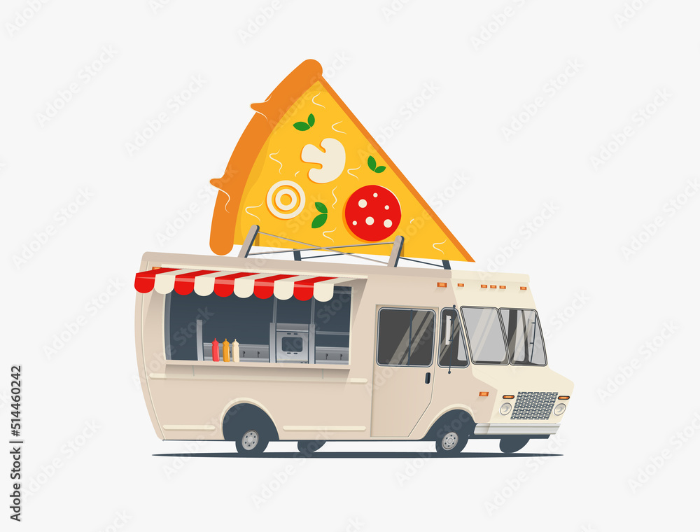 Pizza food truck cartoon illustration. Pizza delivery service concept. Isolated on white background.