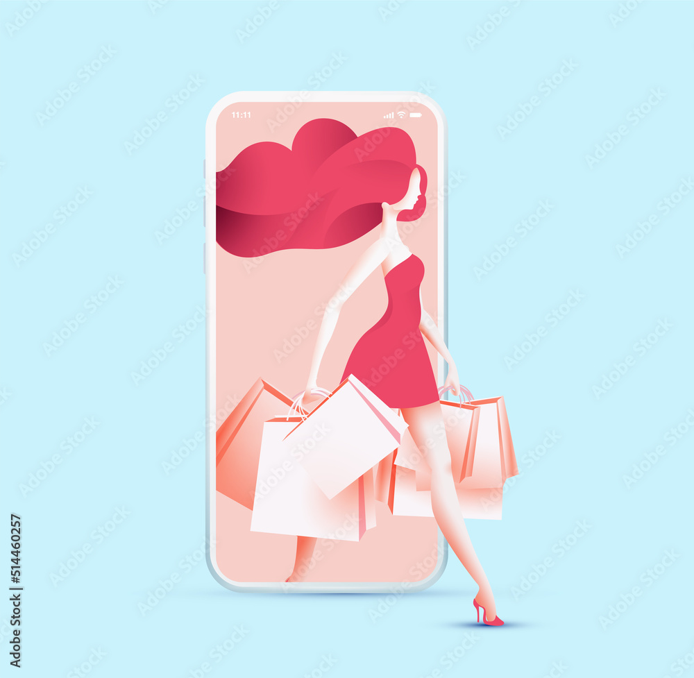 Pretty woman in red dress holding shopping bags step out from smartphone display screen. Online shop