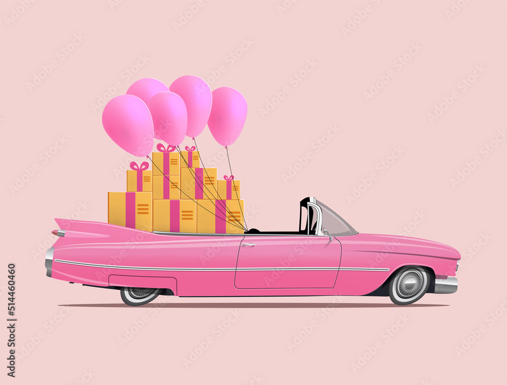 Retro cartoon pink car roadster with full saloon of gift boxes and pink balloons. Gift delivery serv