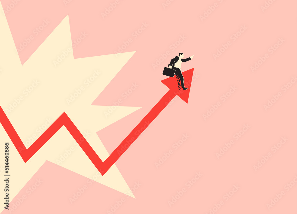 Stock market broker or businessman riding on stock market chart arrow. Vector illustration