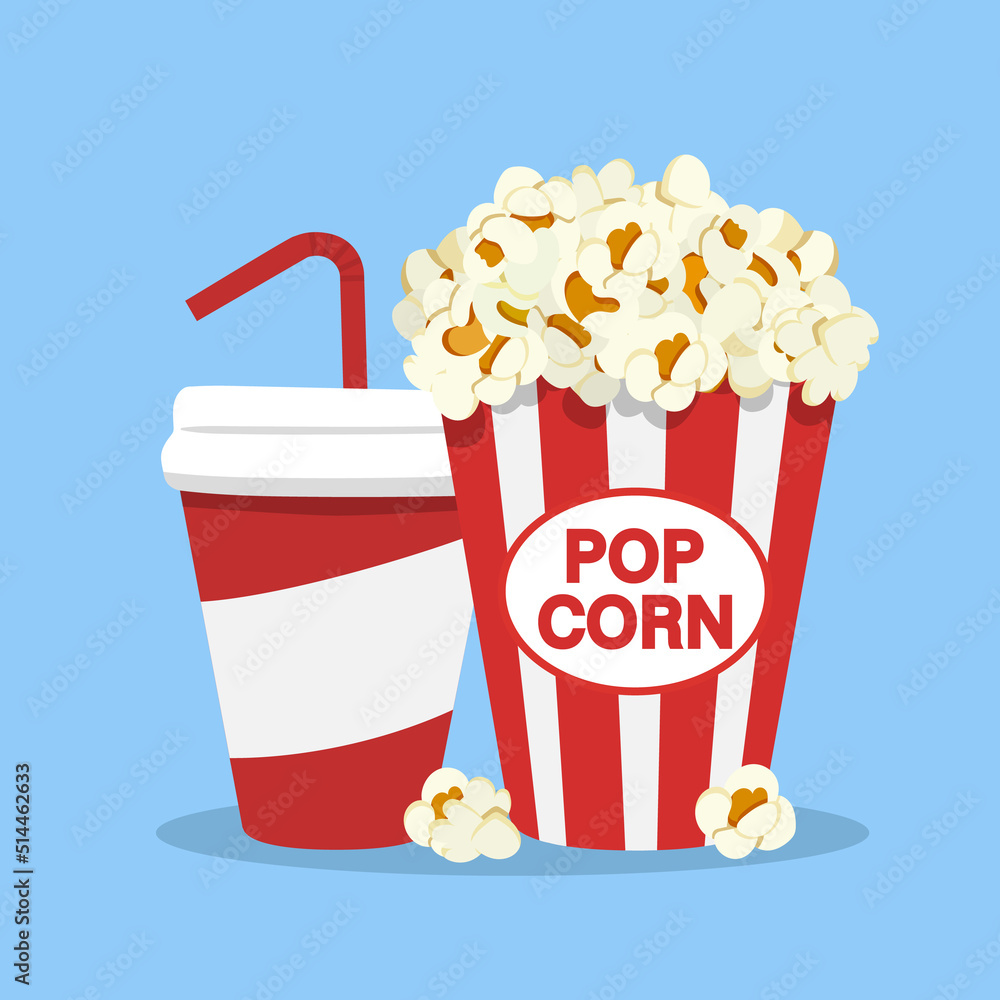 Popcorn snack and drink in flat style isolated on white backgorund. Popcorn and Soda icon. Vector st