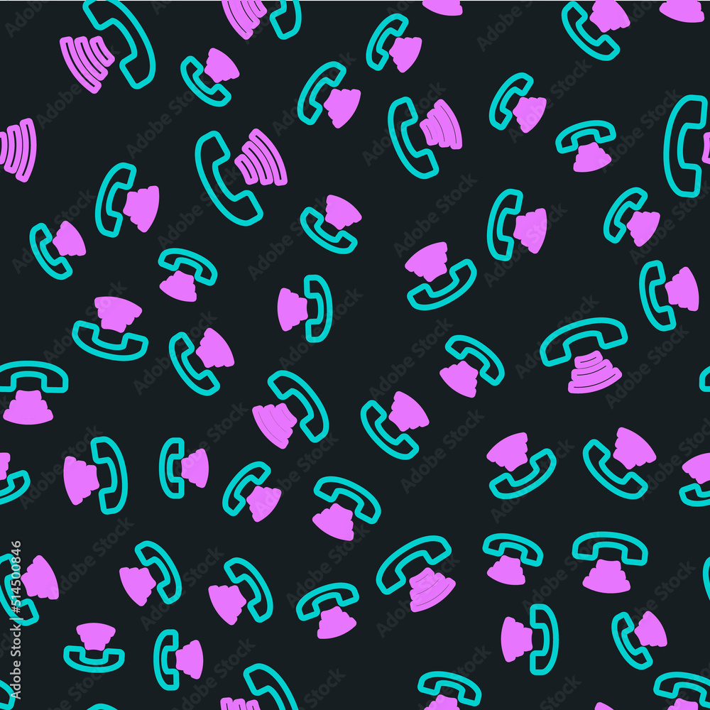 Line Telephone 24 hours support icon isolated seamless pattern on black background. All-day customer