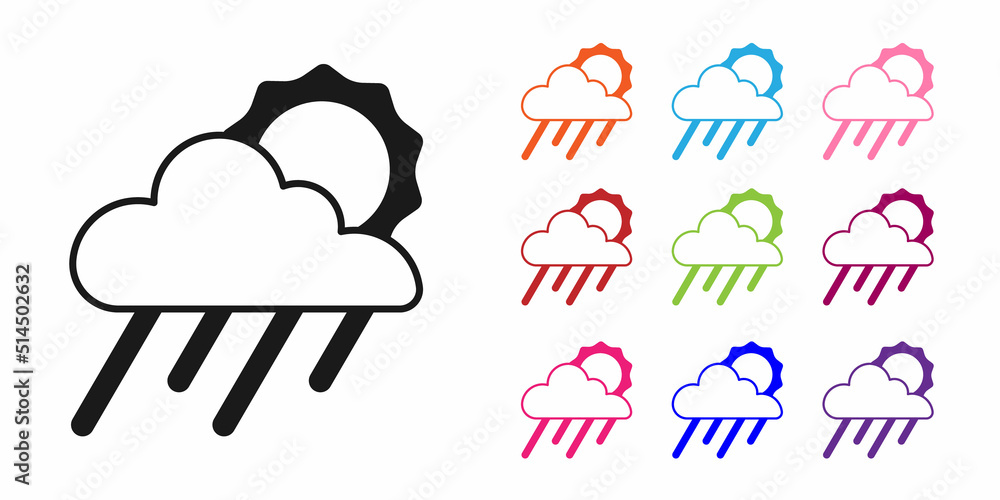 Black Cloud with rain and sun icon isolated on white background. Rain cloud precipitation with rain 