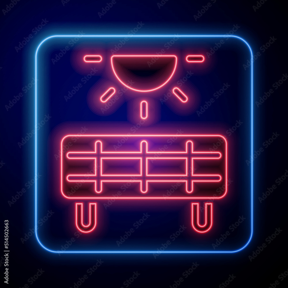 Glowing neon Solar energy panel icon isolated on black background. Vector