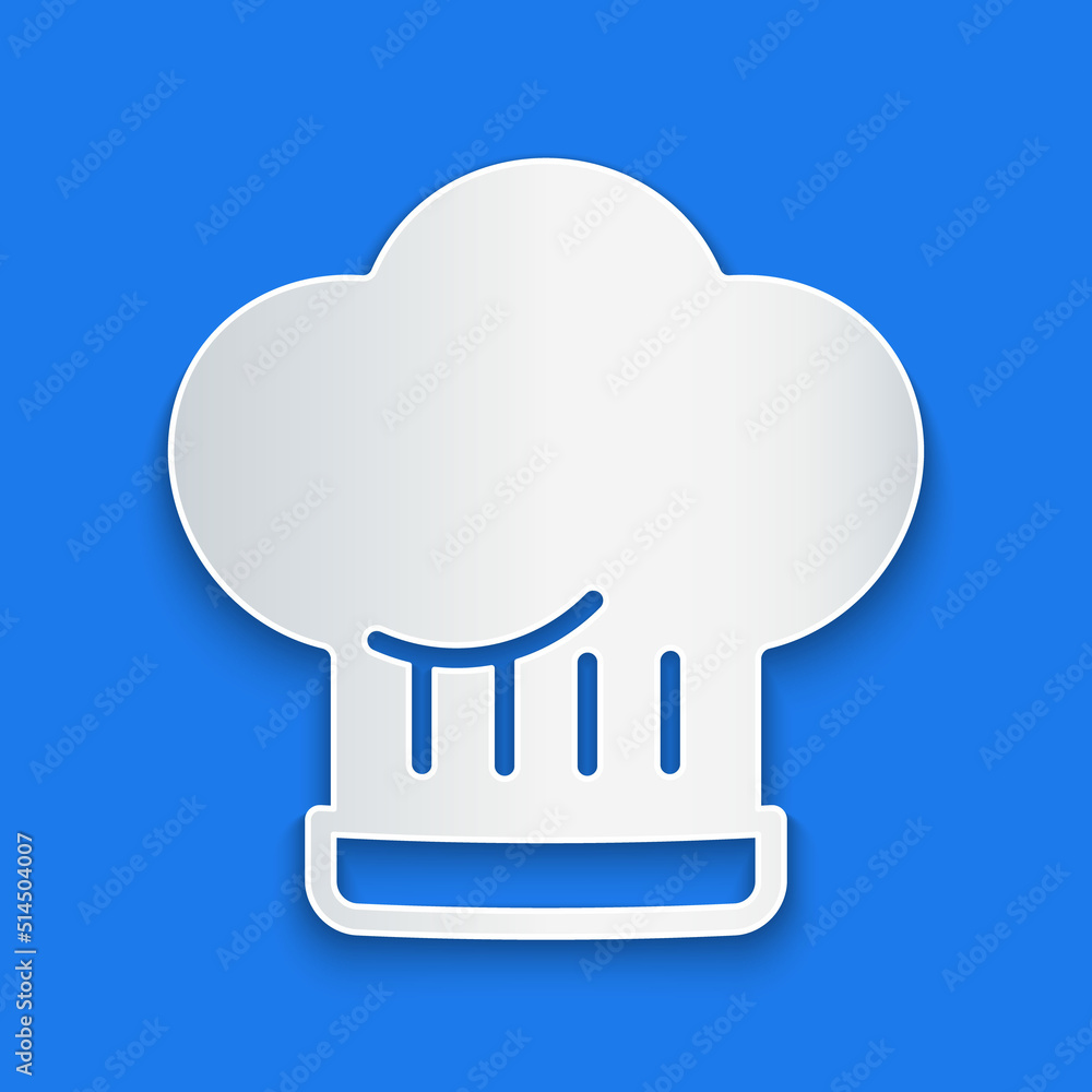 Paper cut Chef hat icon isolated on blue background. Cooking symbol. Cooks hat. Paper art style. Vec