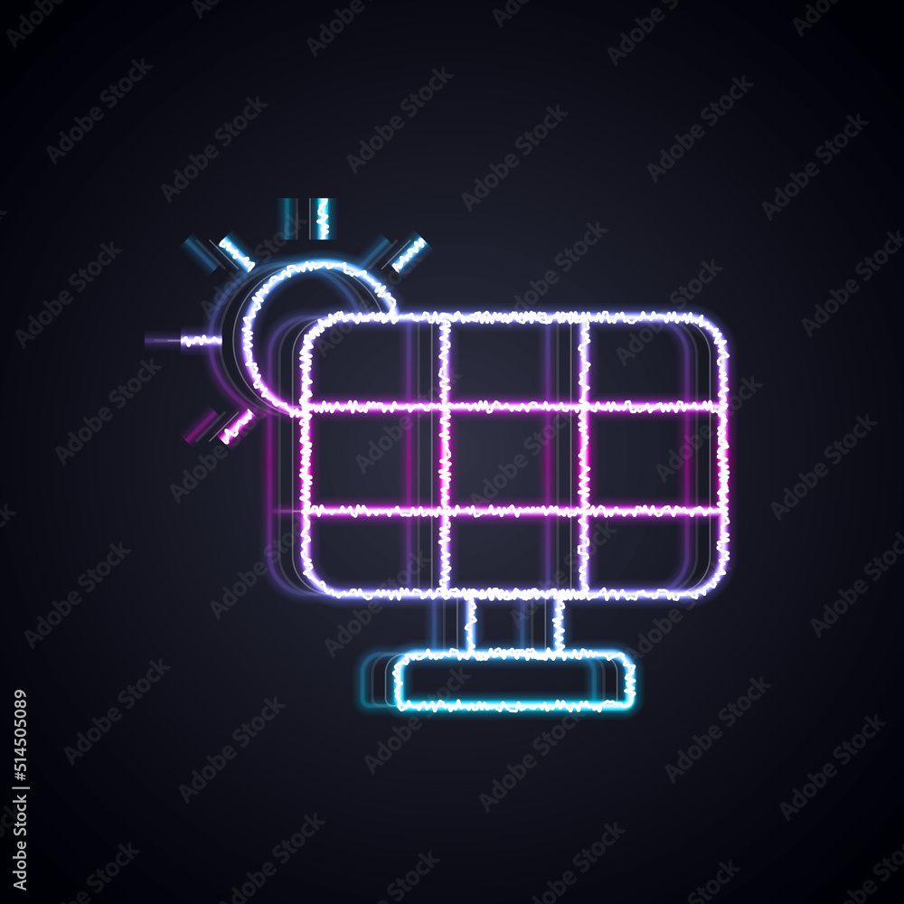 Glowing neon line Solar energy panel icon isolated on black background. Vector