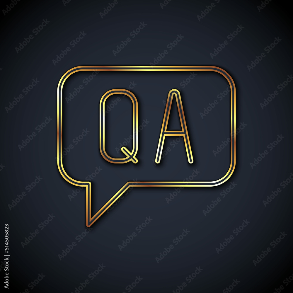 Gold line Speech bubbles with Question and Answer icon isolated on black background. Q and A symbol.