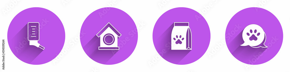 Set Drinker for small pets, Dog house, Bag of food and Paw print icon with long shadow. Vector