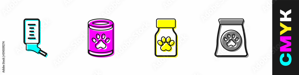 Set Drinker for small pets, Canned food, Medicine bottle and pills and Bag of icon. Vector