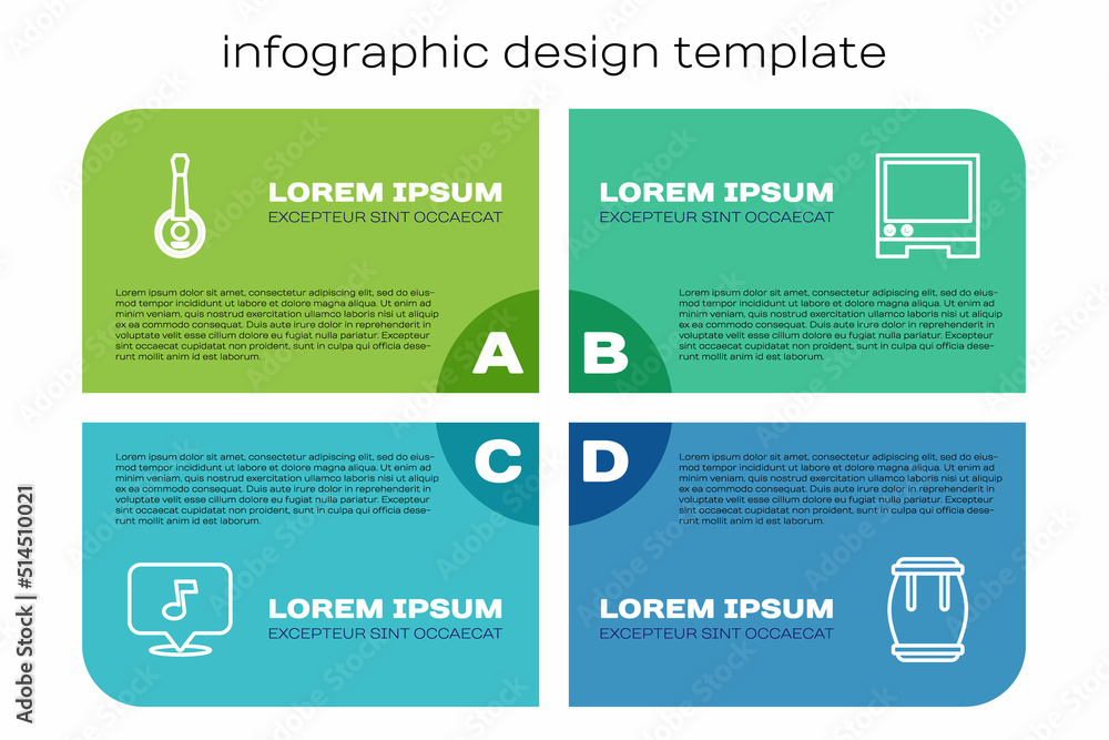 设置线路音乐音符、音调、班卓琴、鼓和语音助手。商业信息图模板。矢量