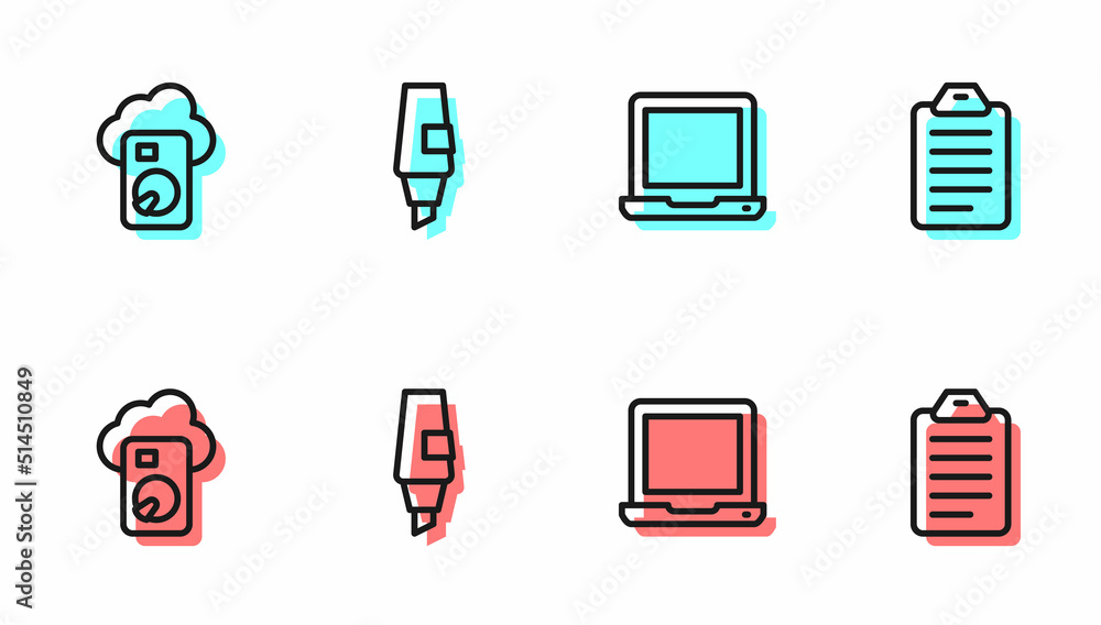 Set line Laptop, Cloud database, Marker pen and To do list or planning icon. Vector