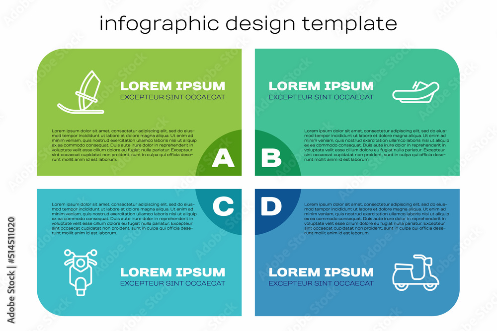 Set line Scooter, Windsurfing, and Rafting boat. Business infographic template. Vector