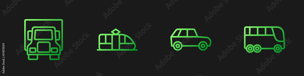 设置线路汽车、送货卡车、有轨电车、铁路和公共汽车。渐变色图标。矢量
